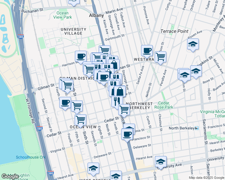 map of restaurants, bars, coffee shops, grocery stores, and more near 1406 San Pablo Avenue in Berkeley