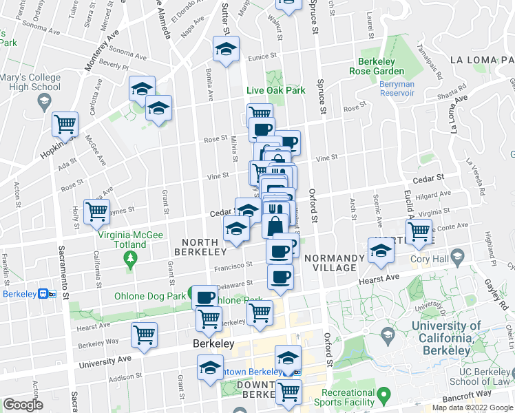map of restaurants, bars, coffee shops, grocery stores, and more near Henry Street & Cedar Street in Berkeley