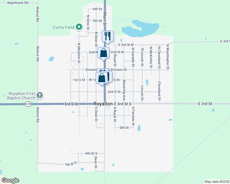 map of restaurants, bars, coffee shops, grocery stores, and more near 2nd S St in Royalton