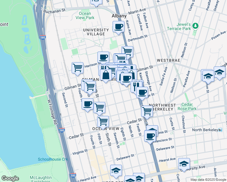 map of restaurants, bars, coffee shops, grocery stores, and more near 938 Camelia Street in Berkeley