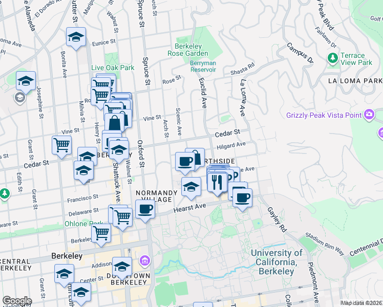 map of restaurants, bars, coffee shops, grocery stores, and more near 2435 Virginia Street in Berkeley