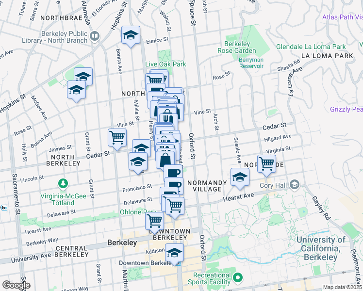 map of restaurants, bars, coffee shops, grocery stores, and more near 1611 Walnut Street in Berkeley