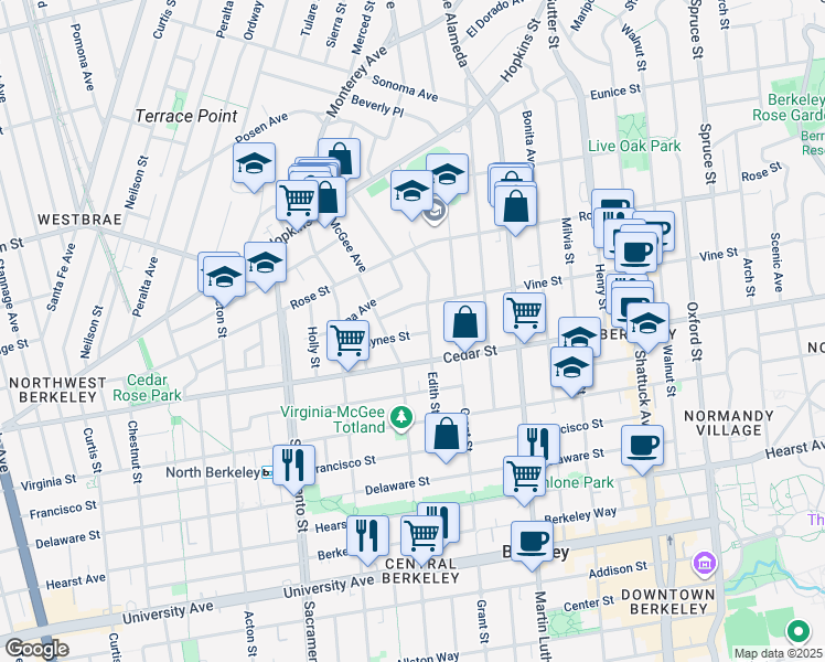 map of restaurants, bars, coffee shops, grocery stores, and more near 1715 Jaynes Street in Berkeley