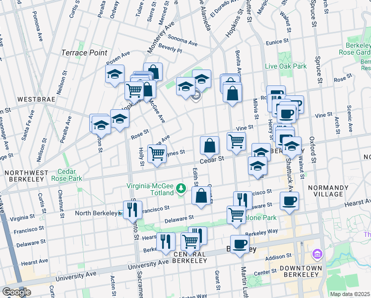 map of restaurants, bars, coffee shops, grocery stores, and more near 1715 Jaynes Street in Berkeley