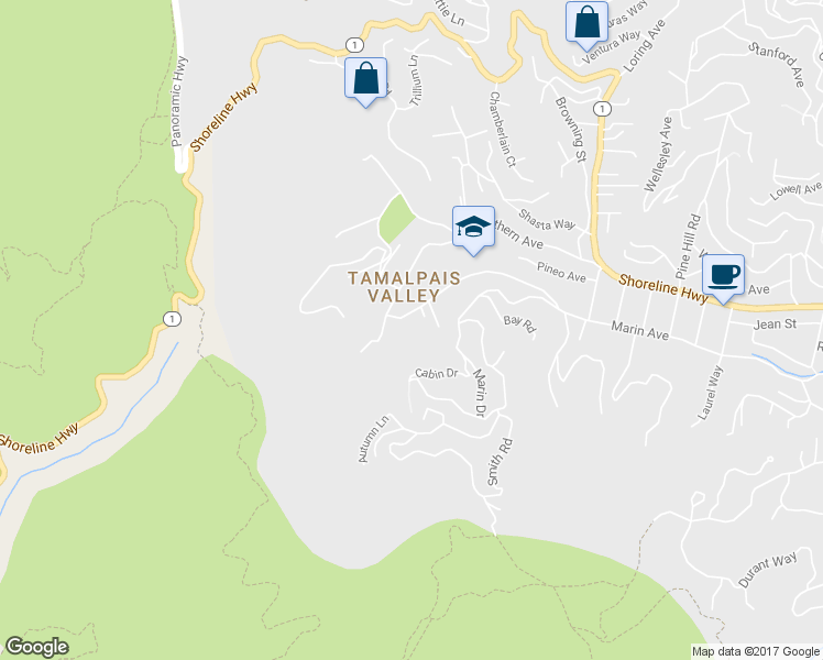 map of restaurants, bars, coffee shops, grocery stores, and more near 571 Harvest Lane in Mill Valley