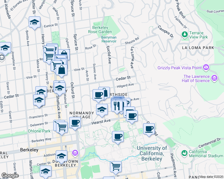 map of restaurants, bars, coffee shops, grocery stores, and more near 2505 Virginia Street in Berkeley