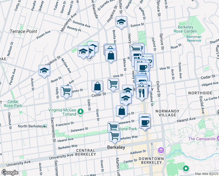 map of restaurants, bars, coffee shops, grocery stores, and more near in Berkeley