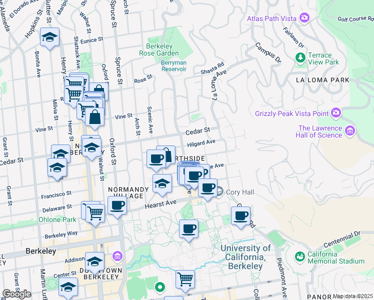 map of restaurants, bars, coffee shops, grocery stores, and more near 2505 Virginia Street in Berkeley