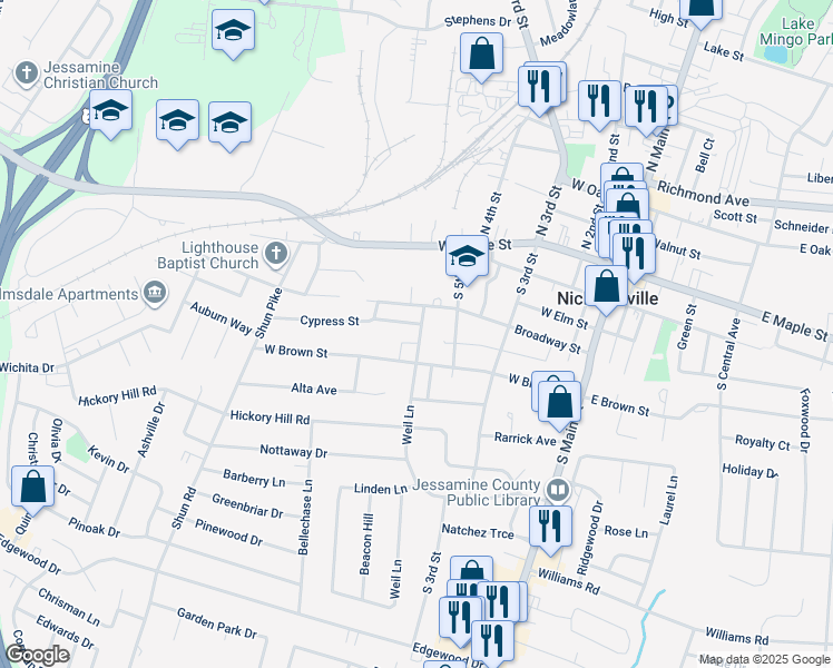 map of restaurants, bars, coffee shops, grocery stores, and more near 113 Johnson Avenue in Nicholasville