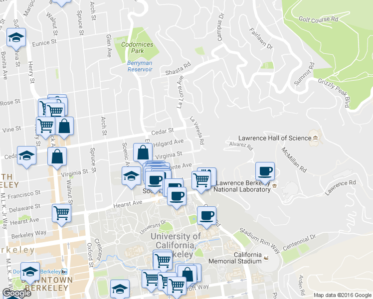 map of restaurants, bars, coffee shops, grocery stores, and more near 2666 Virginia Street in Berkeley
