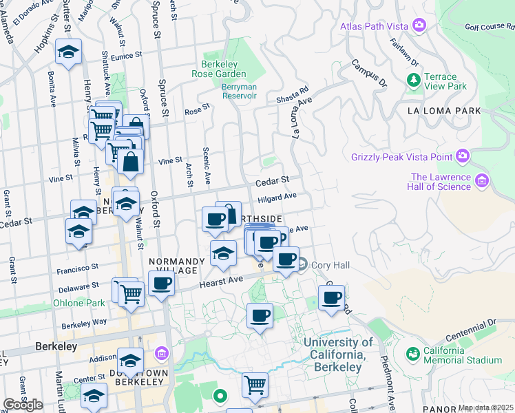 map of restaurants, bars, coffee shops, grocery stores, and more near 2505 Virginia Street in Berkeley