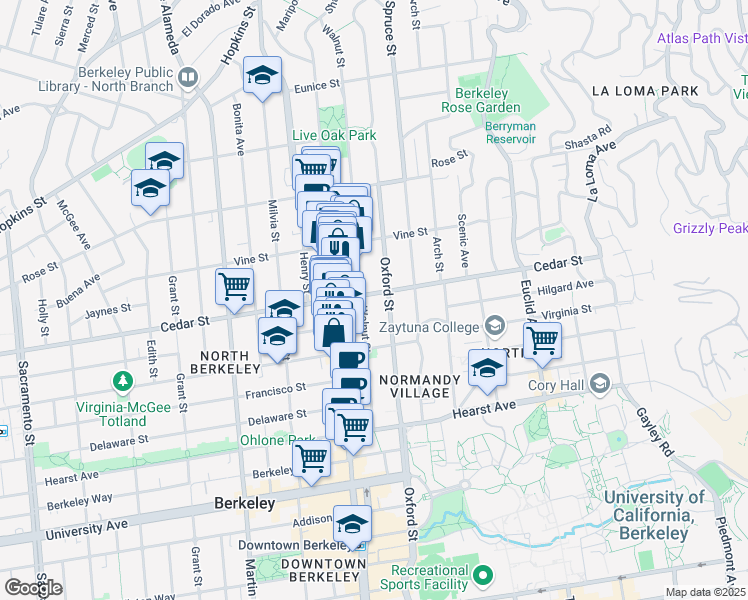 map of restaurants, bars, coffee shops, grocery stores, and more near 1611 Walnut Street in Berkeley