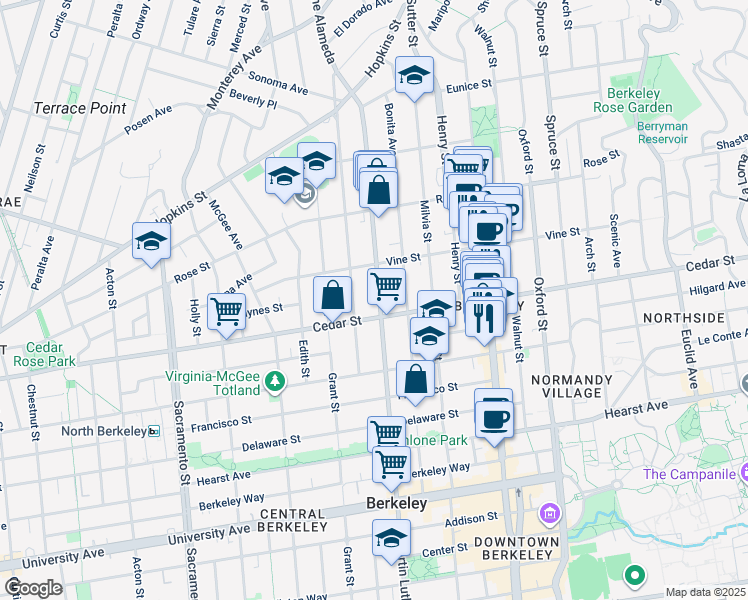 map of restaurants, bars, coffee shops, grocery stores, and more near in Berkeley