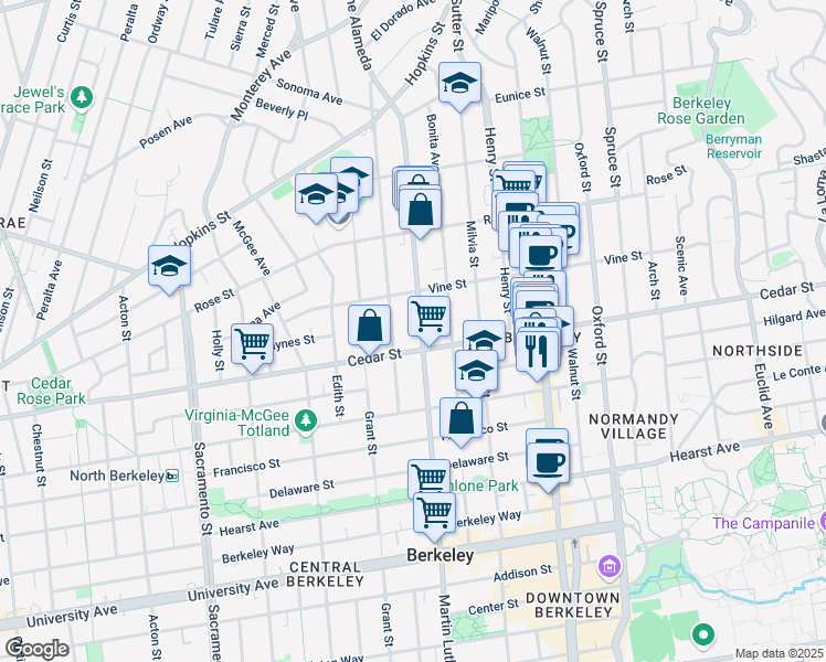 map of restaurants, bars, coffee shops, grocery stores, and more near in Berkeley