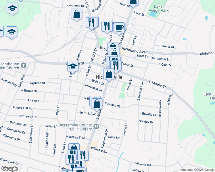 map of restaurants, bars, coffee shops, grocery stores, and more near 210 South Main Street in Nicholasville