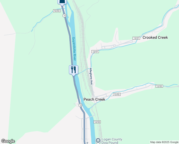 map of restaurants, bars, coffee shops, grocery stores, and more near Mill Branch Road in Logan