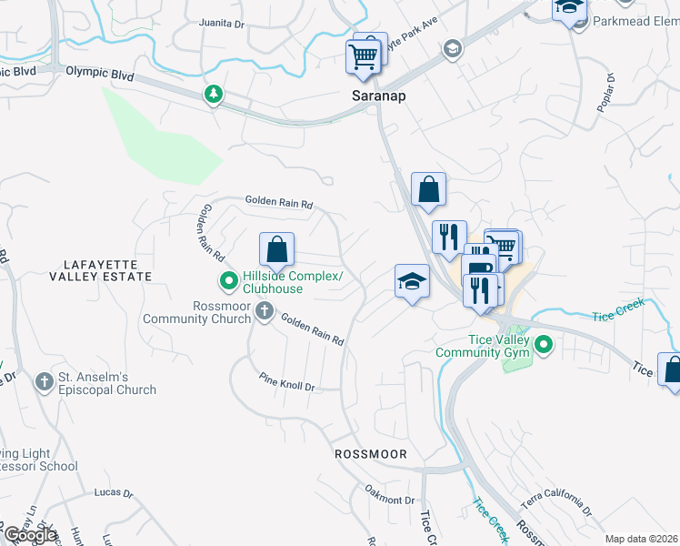 map of restaurants, bars, coffee shops, grocery stores, and more near 1901 Golden Rain Road in Walnut Creek