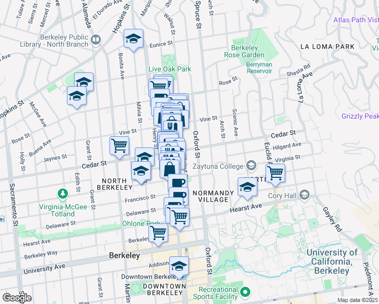 map of restaurants, bars, coffee shops, grocery stores, and more near 2138 Cedar Street in Berkeley