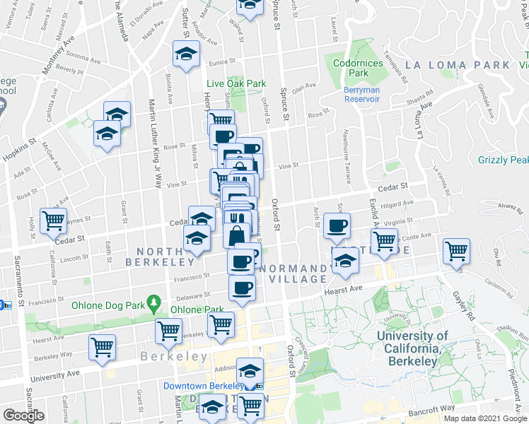 map of restaurants, bars, coffee shops, grocery stores, and more near 2138 Cedar Street in Berkeley