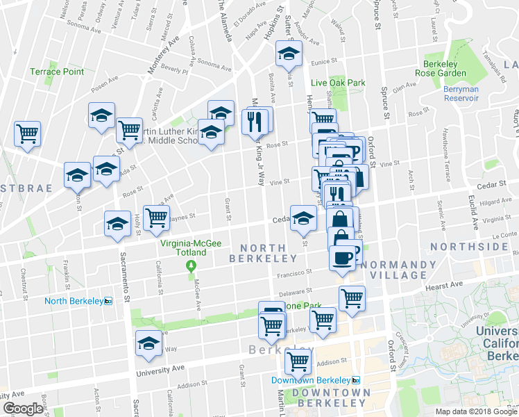 map of restaurants, bars, coffee shops, grocery stores, and more near 1530 Martin Luther King Junior Way in Berkeley