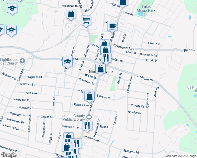 map of restaurants, bars, coffee shops, grocery stores, and more near 210 South Main Street in Nicholasville