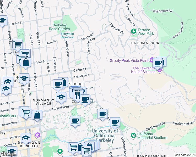 map of restaurants, bars, coffee shops, grocery stores, and more near 2706 Virginia Street in Berkeley