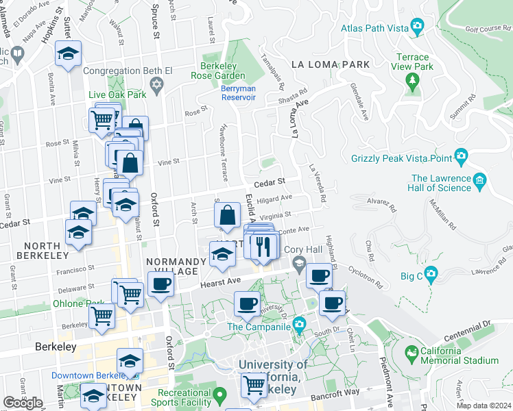 map of restaurants, bars, coffee shops, grocery stores, and more near 2505 Virginia Street in Berkeley
