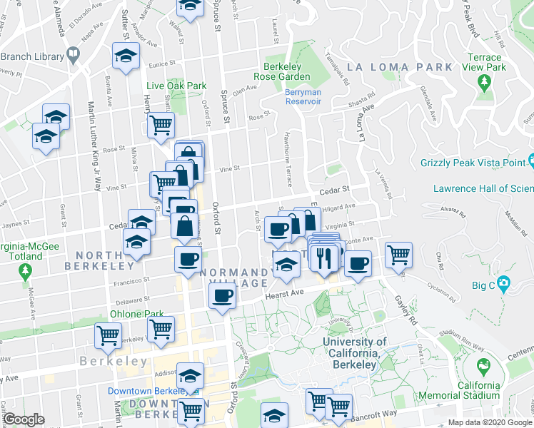 map of restaurants, bars, coffee shops, grocery stores, and more near 2346 Hilgard Avenue in Berkeley