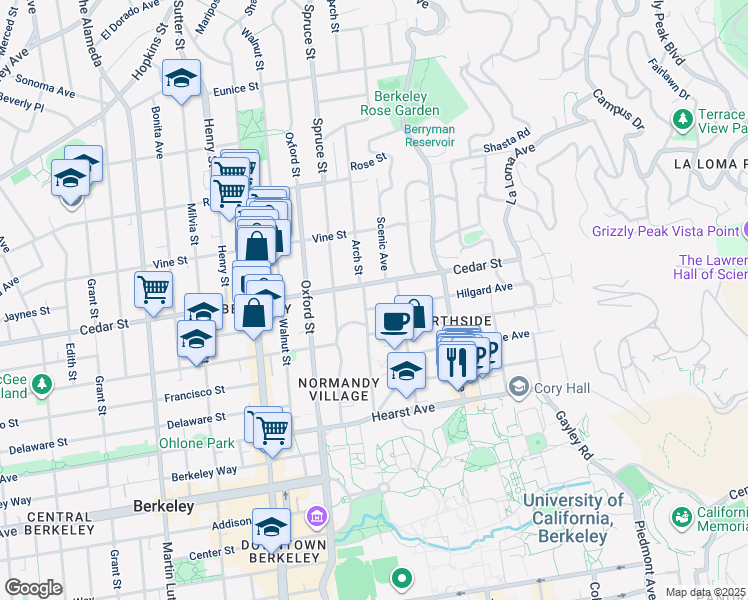 map of restaurants, bars, coffee shops, grocery stores, and more near 2346 Hilgard Avenue in Berkeley