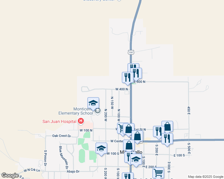 map of restaurants, bars, coffee shops, grocery stores, and more near 400 North 150 West in Monticello