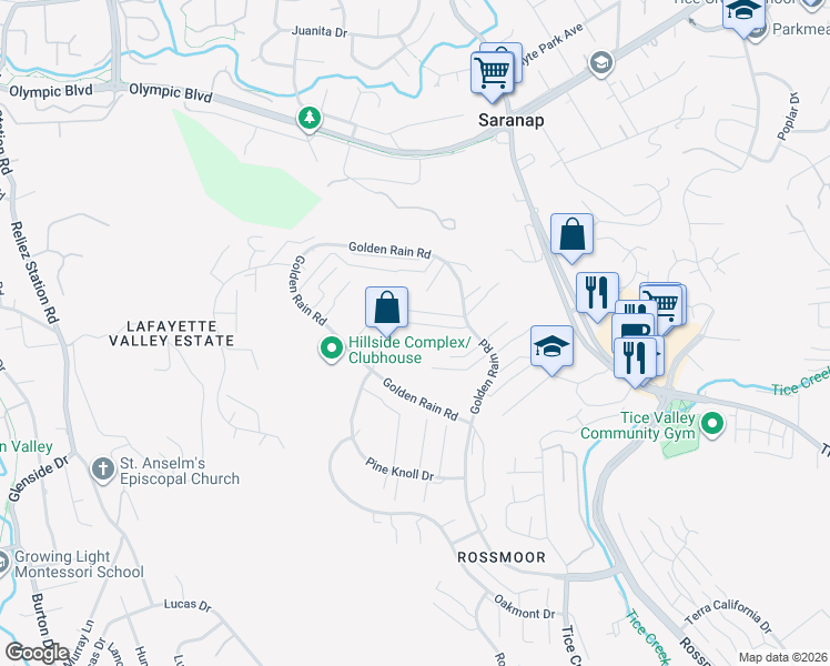 map of restaurants, bars, coffee shops, grocery stores, and more near 3449 Golden Rain Road in Walnut Creek