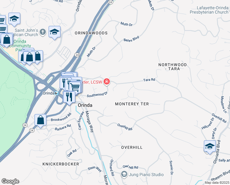 map of restaurants, bars, coffee shops, grocery stores, and more near 10 Tara Road in Orinda