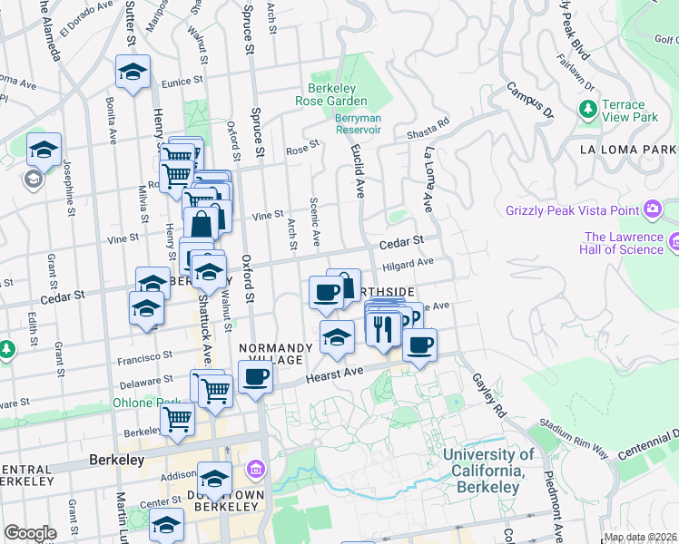 map of restaurants, bars, coffee shops, grocery stores, and more near 2421 Hilgard Avenue in Berkeley