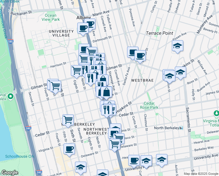 map of restaurants, bars, coffee shops, grocery stores, and more near 1411 Kains Avenue in Berkeley