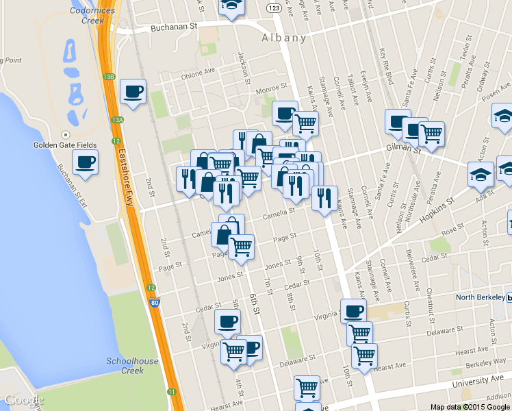 map of restaurants, bars, coffee shops, grocery stores, and more near 1331 7th Street in Berkeley