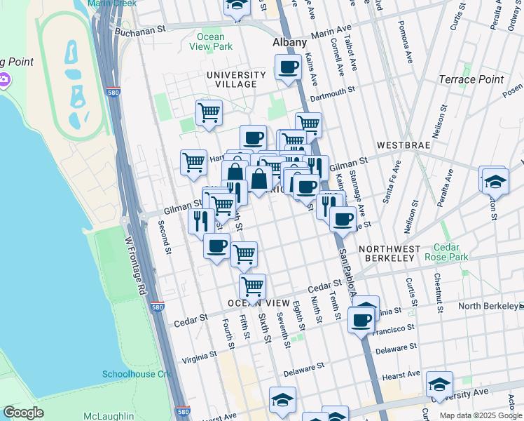 map of restaurants, bars, coffee shops, grocery stores, and more near 909 Camelia Street in Berkeley