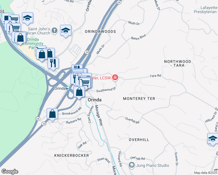 map of restaurants, bars, coffee shops, grocery stores, and more near 25 Southwood Drive in Orinda