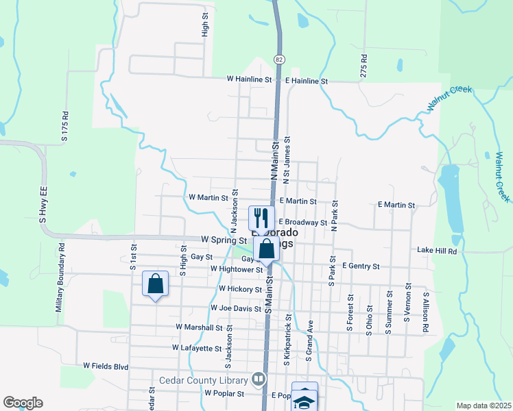 map of restaurants, bars, coffee shops, grocery stores, and more near 121 West Broadway Street in El Dorado Springs