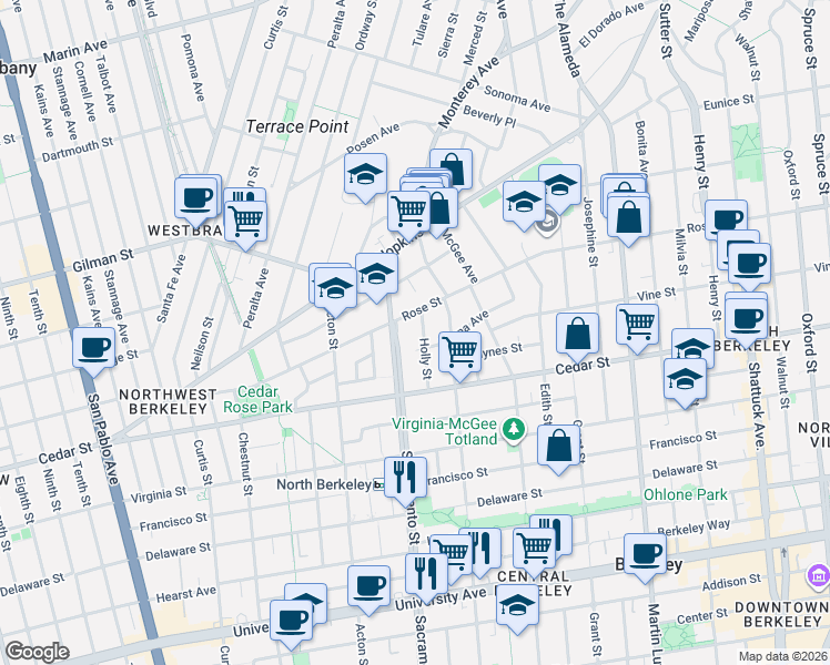 map of restaurants, bars, coffee shops, grocery stores, and more near 1530 Buena Avenue in Berkeley