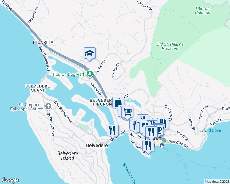map of restaurants, bars, coffee shops, grocery stores, and more near 1212 Mariner Way in Tiburon