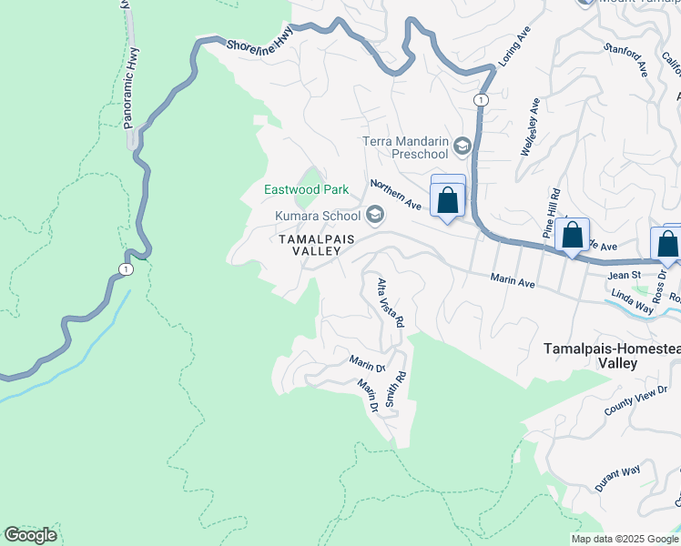 map of restaurants, bars, coffee shops, grocery stores, and more near 756 Marin Drive in Mill Valley