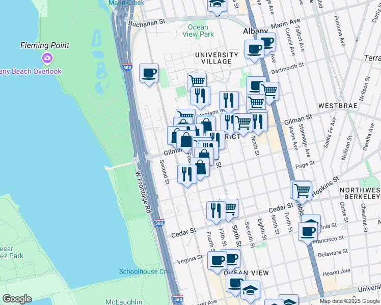 map of restaurants, bars, coffee shops, grocery stores, and more near 748 Gilman Street in Berkeley