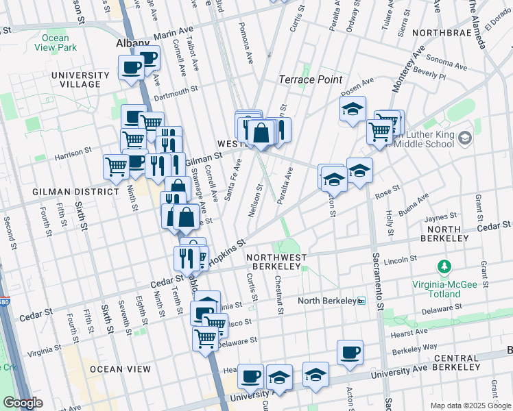 map of restaurants, bars, coffee shops, grocery stores, and more near 1413 Neilson Street in Berkeley