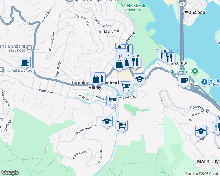 map of restaurants, bars, coffee shops, grocery stores, and more near 313 Starling Court in Mill Valley