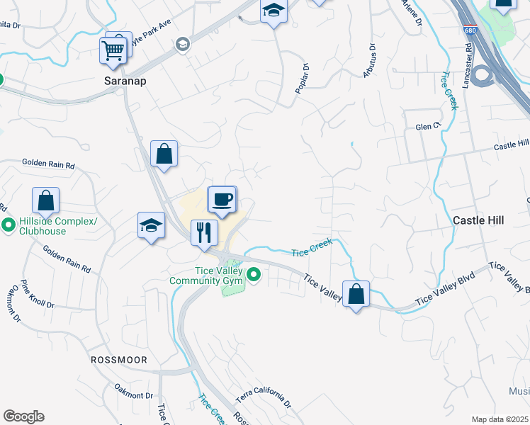 map of restaurants, bars, coffee shops, grocery stores, and more near 1224 Rossmoor Parkway in Walnut Creek