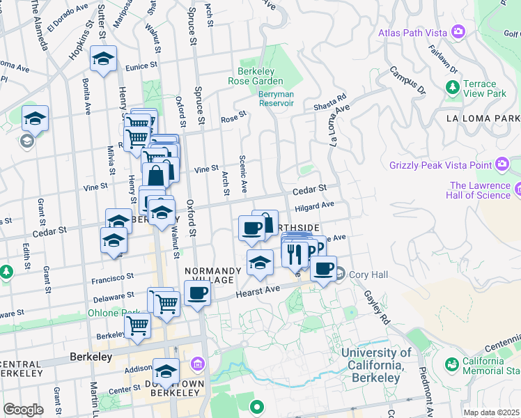 map of restaurants, bars, coffee shops, grocery stores, and more near 2435 Virginia Street in Berkeley