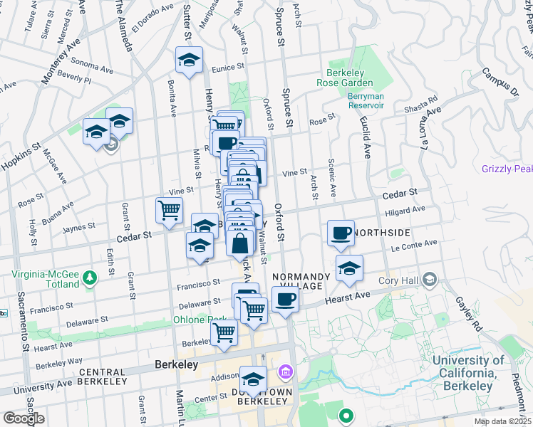map of restaurants, bars, coffee shops, grocery stores, and more near 1611 Walnut Street in Berkeley