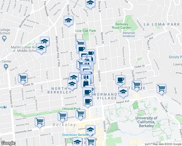 map of restaurants, bars, coffee shops, grocery stores, and more near 1611 Walnut Street in Berkeley