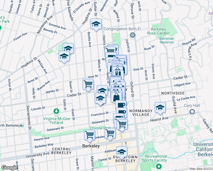 map of restaurants, bars, coffee shops, grocery stores, and more near 2004 Cedar Street in Berkeley