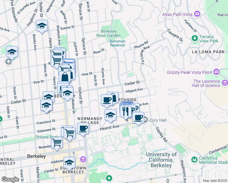 map of restaurants, bars, coffee shops, grocery stores, and more near 2435 Virginia Street in Berkeley